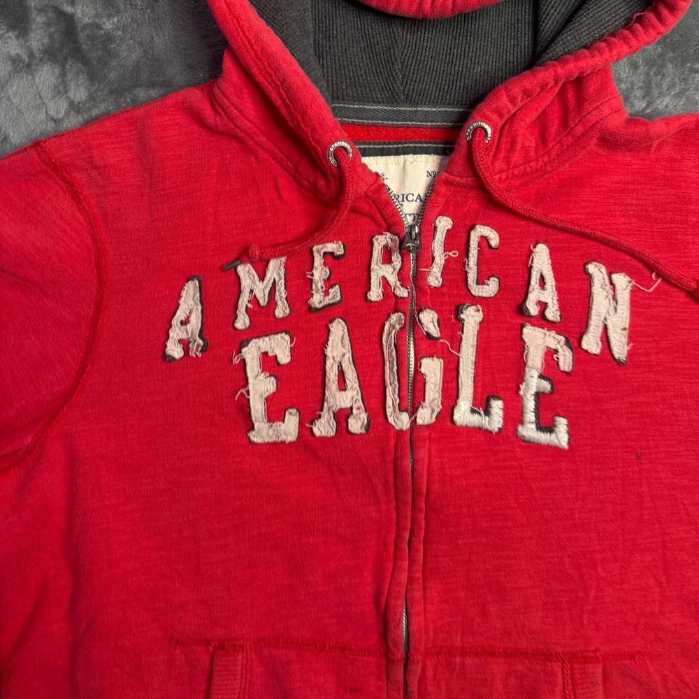 Vintage Y2k American Eagle Red Full Zip Hoodie Size X-Large Walffle Knit Hood - Picture 2 of 7